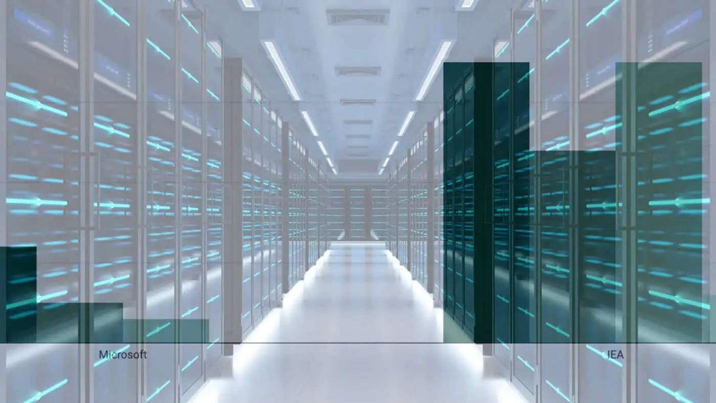 Een grafiek met de namen Microsoft en IEA over de achtergrond van een modern datacenter, illustratie bij de discussie over de werkelijke AI klimaat impact en energieverbruik