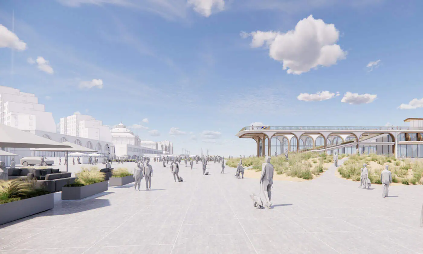 Visualisatie van de herontwikkeling van de Pier in Scheveningen met nieuwe publieke ruimtes en voorzieningen